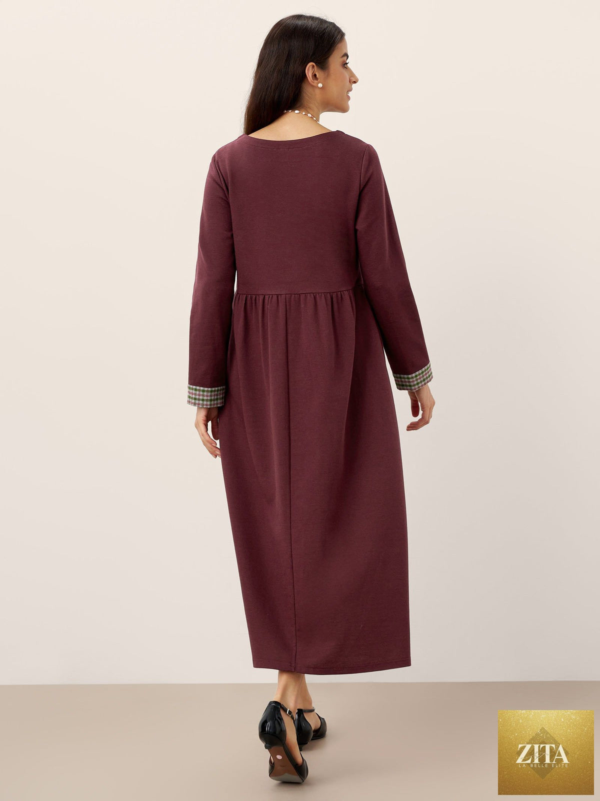 Organic Cotton Patchwork Cuff Crew Neck Casual Midi Dress SCARLETT