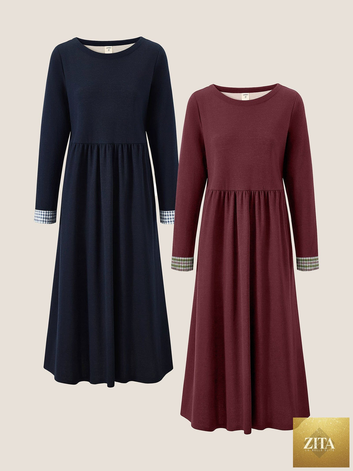 Organic Cotton Patchwork Cuff Crew Neck Casual Midi Dress SCARLETT