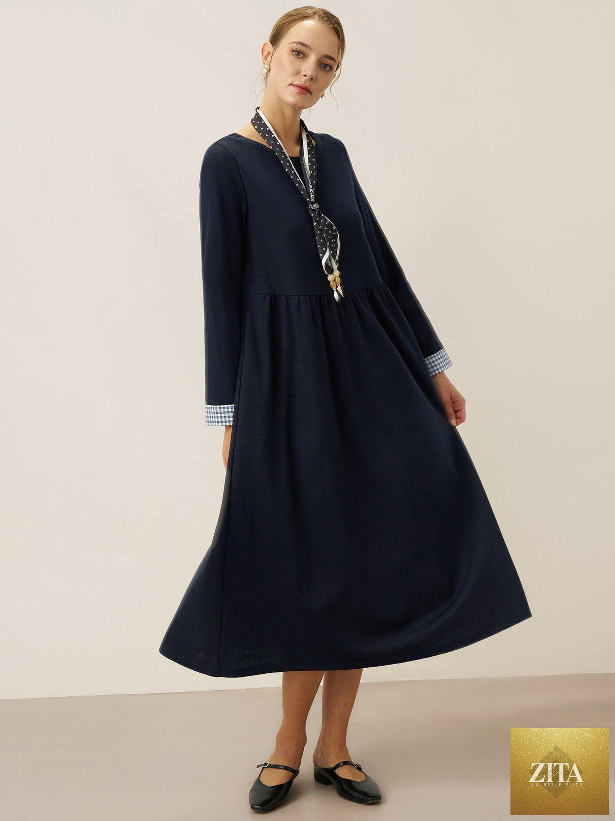 Organic Cotton Patchwork Cuff Crew Neck Casual Midi Dress SCARLETT
