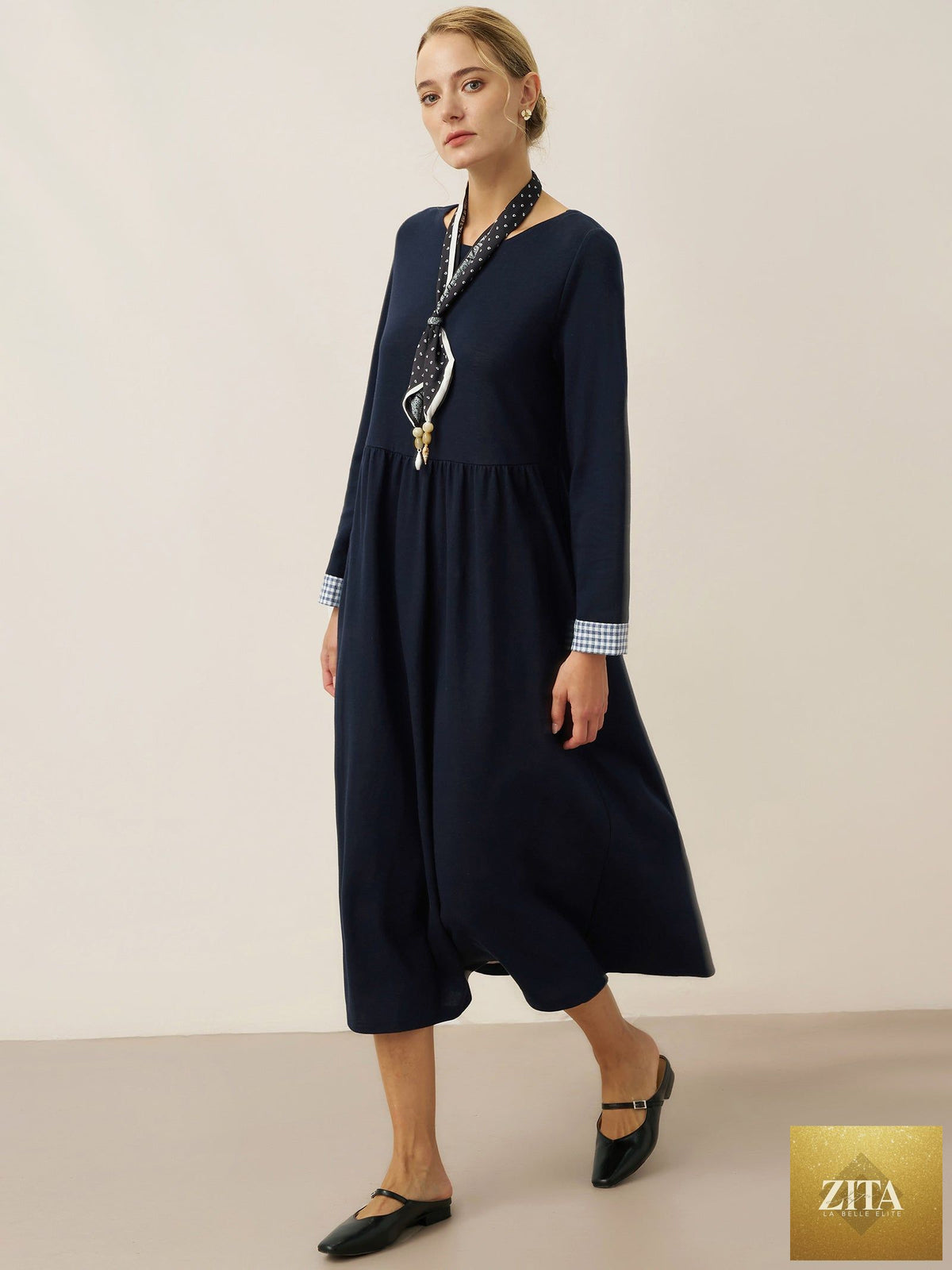Organic Cotton Patchwork Cuff Crew Neck Casual Midi Dress SCARLETT