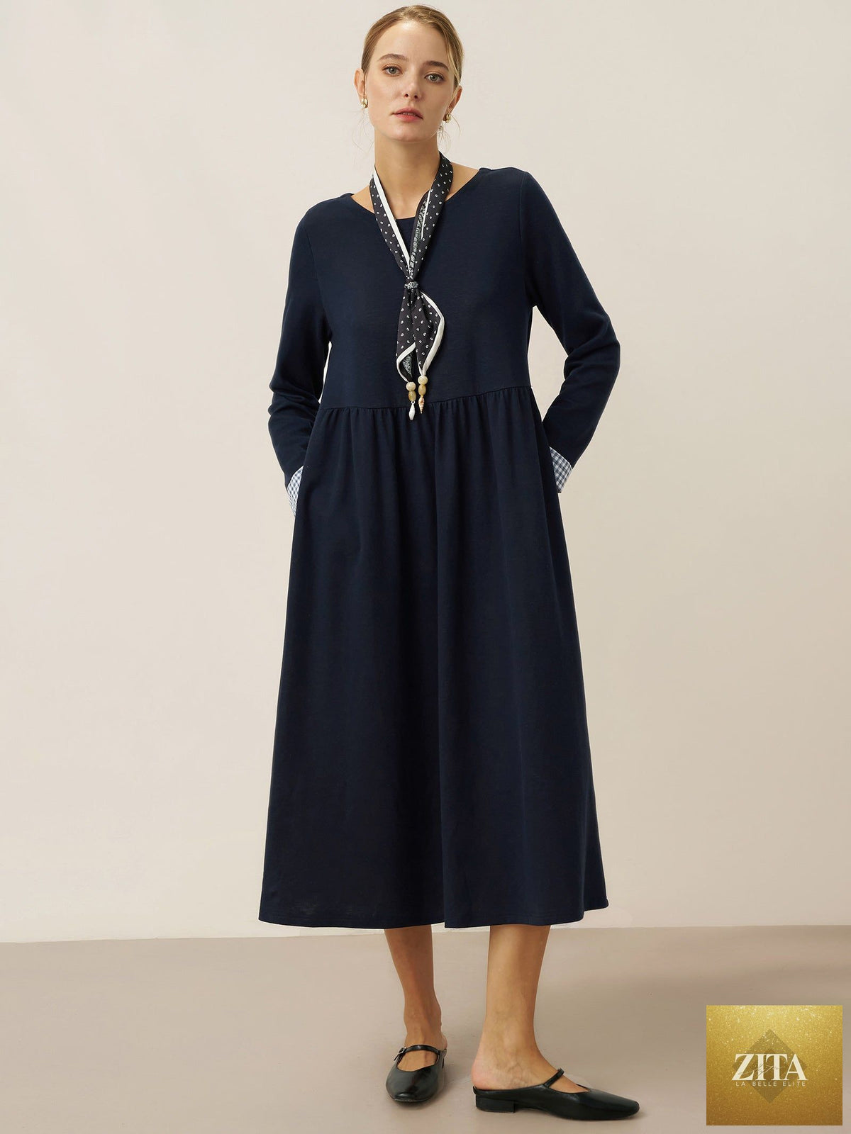 Organic Cotton Patchwork Cuff Crew Neck Casual Midi Dress SCARLETT