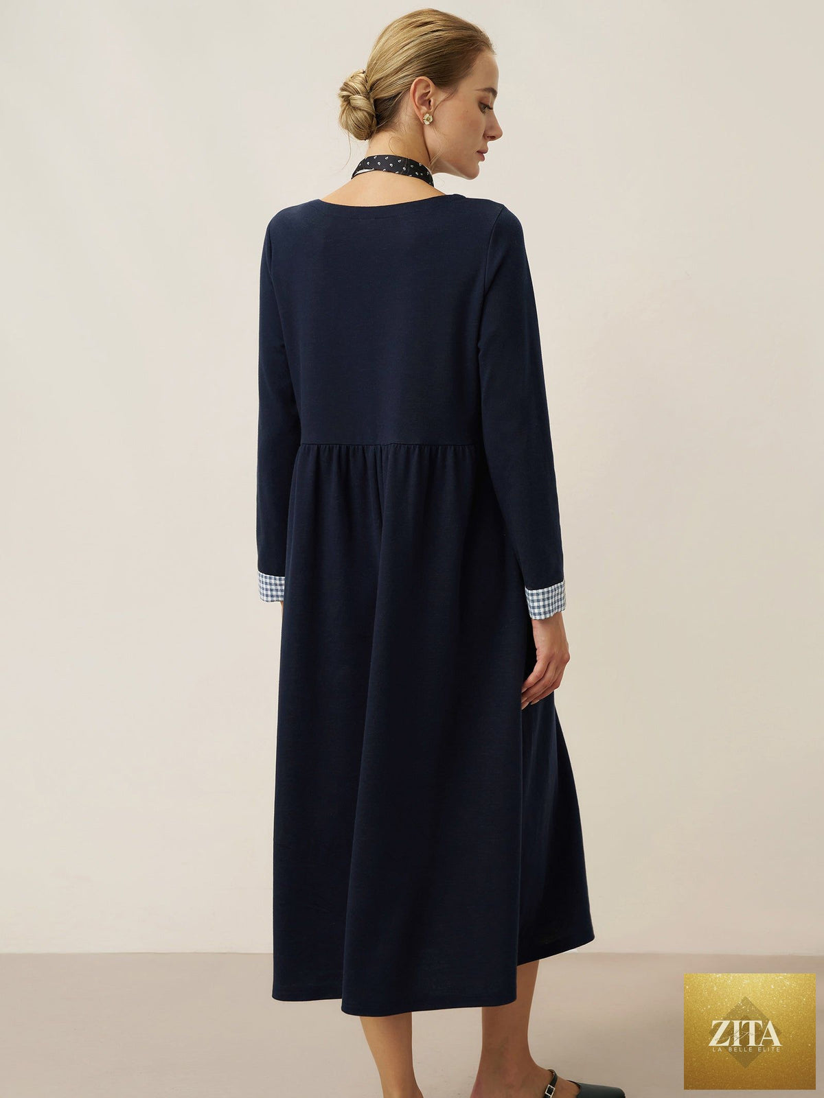 Organic Cotton Patchwork Cuff Crew Neck Casual Midi Dress SCARLETT