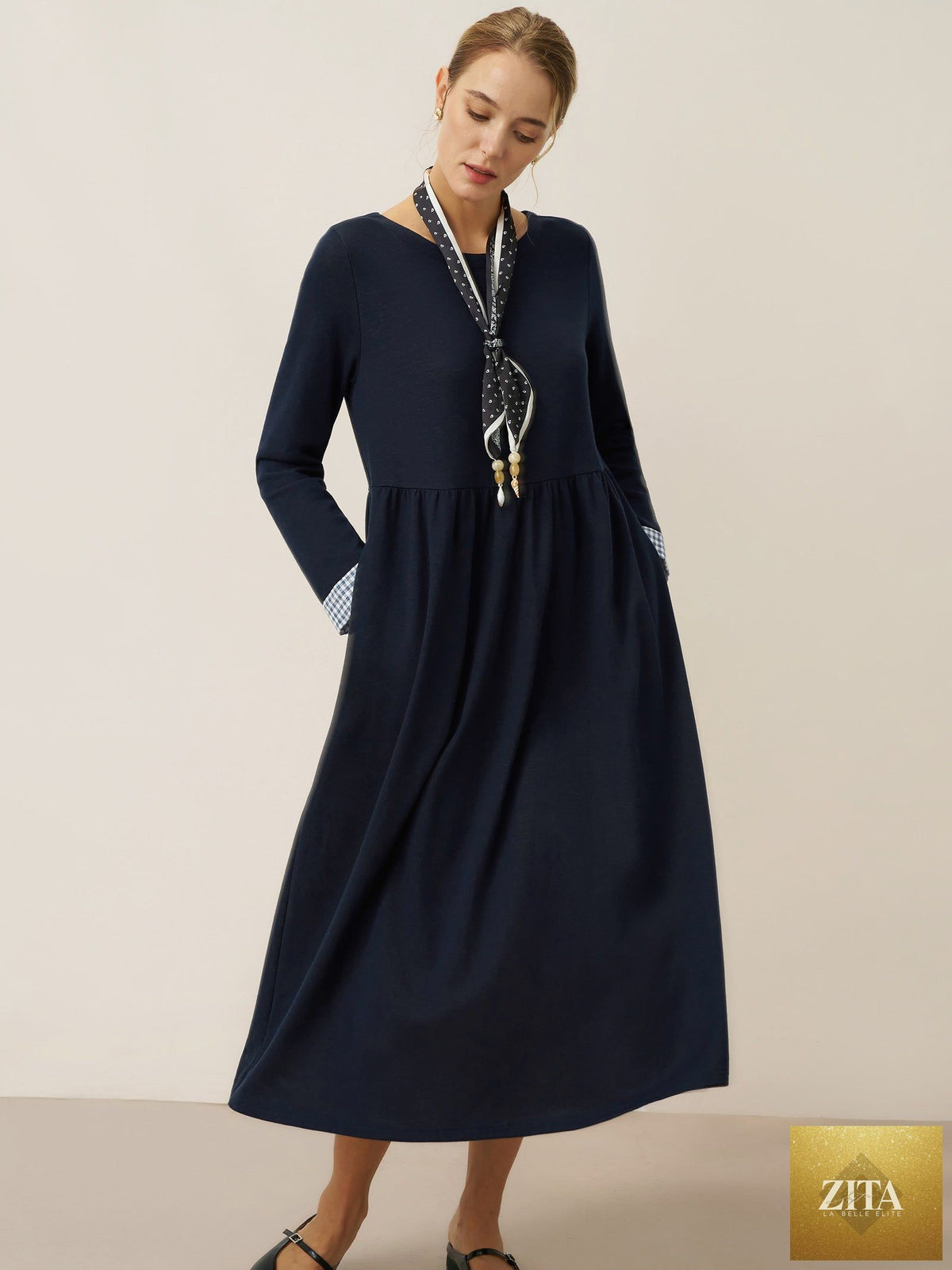 Organic Cotton Patchwork Cuff Crew Neck Casual Midi Dress SCARLETT