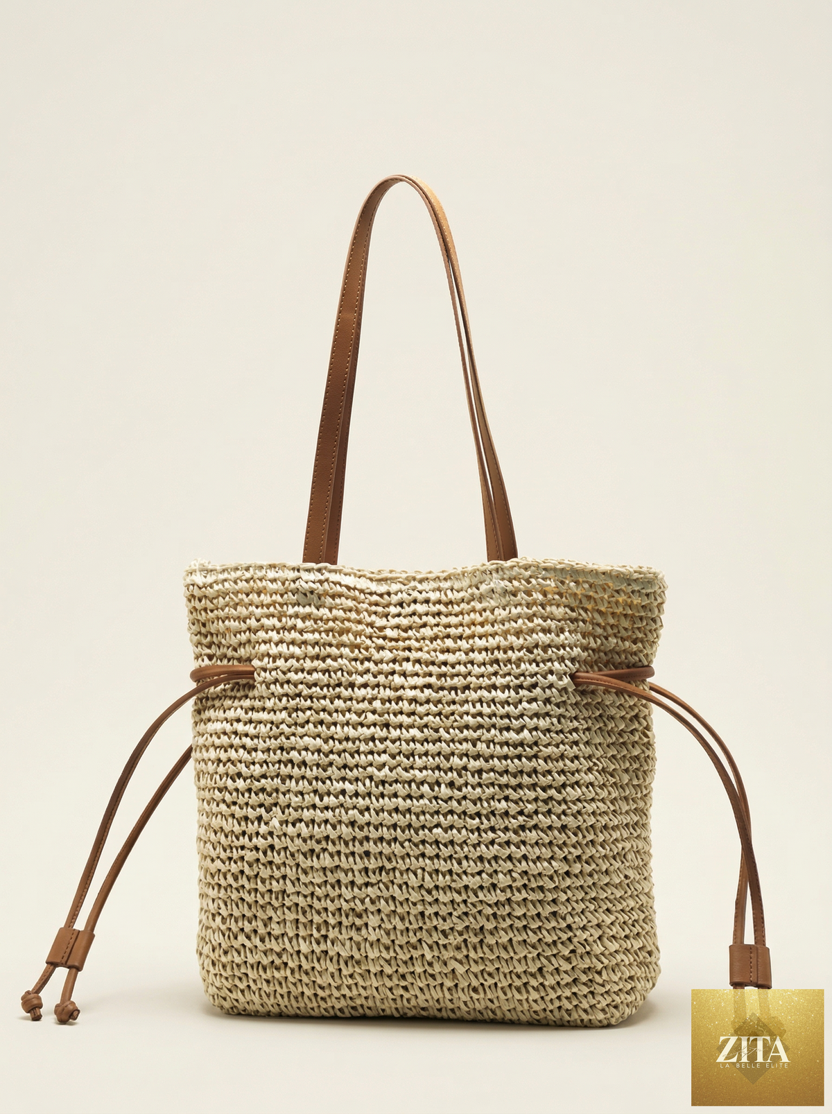 LINTICO artisanal hand-crocheted straw tote bag with drawstring closure, large woven shoulder bucket style for casual use