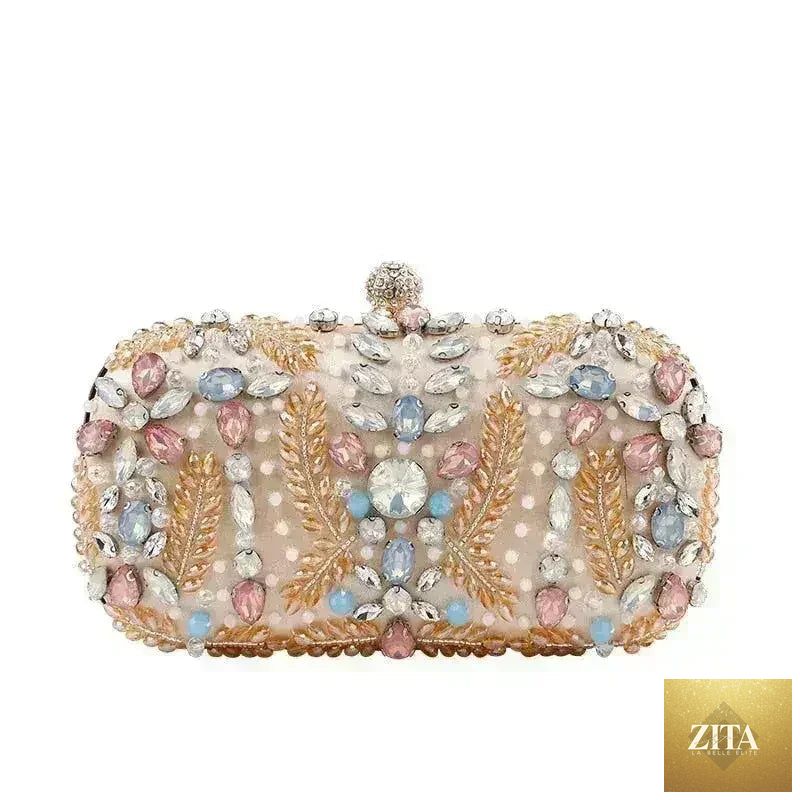 Femstylo luxury rhinestone clutch bag with crystal embellishments, perfect for weddings and parties, featuring a chain shoulder strap.