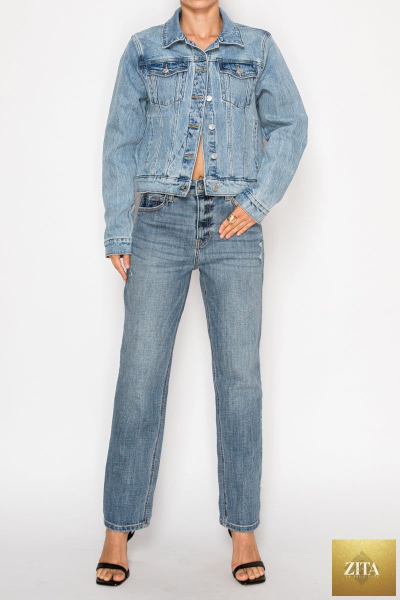 Artemis Vintage Michelle classic denim jacket with button front, chest pockets, and traditional blue denim fabric.