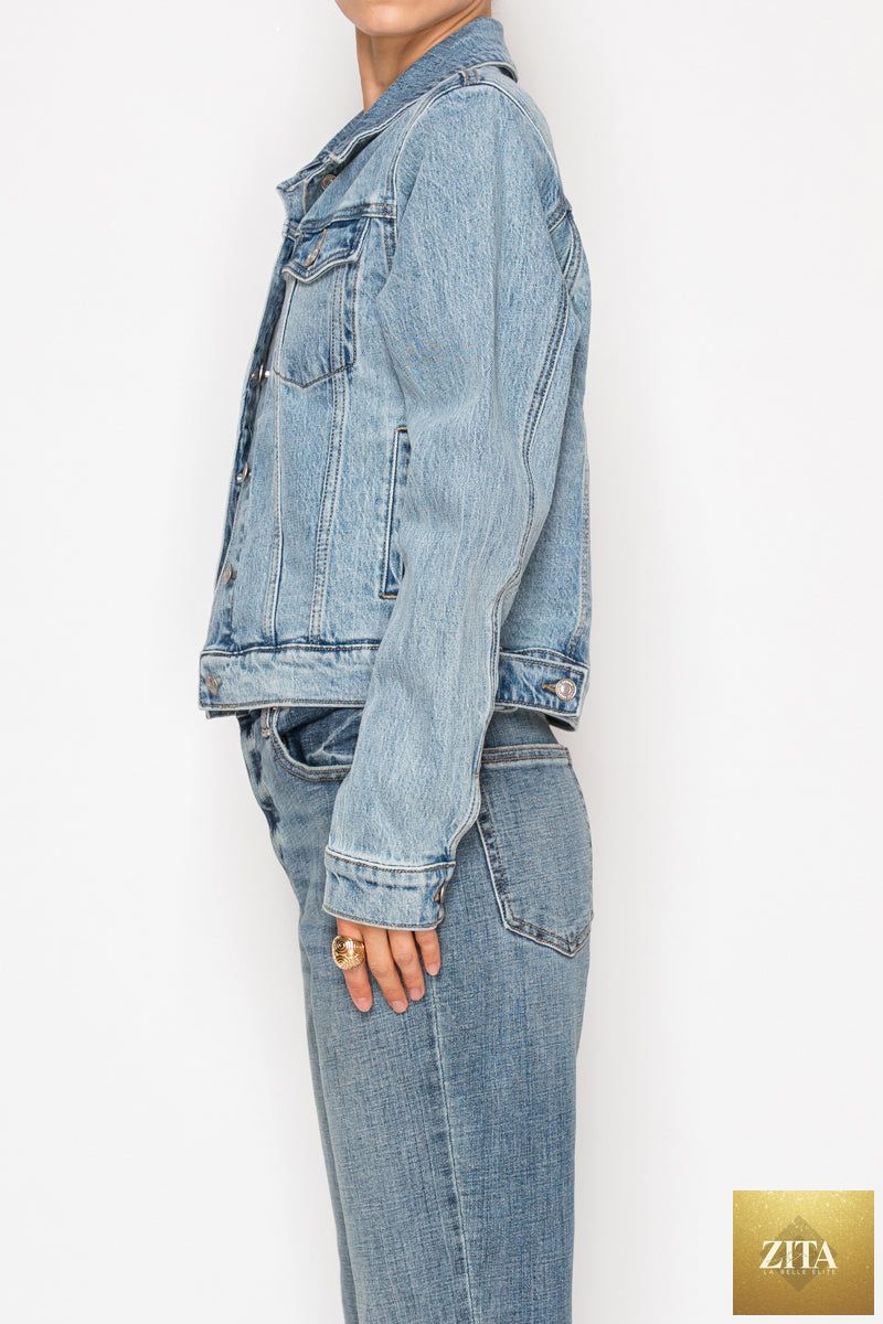 Artemis Vintage Michelle Classic Denim Jacket displayed on a hanger, featuring a button-up front and traditional collar.