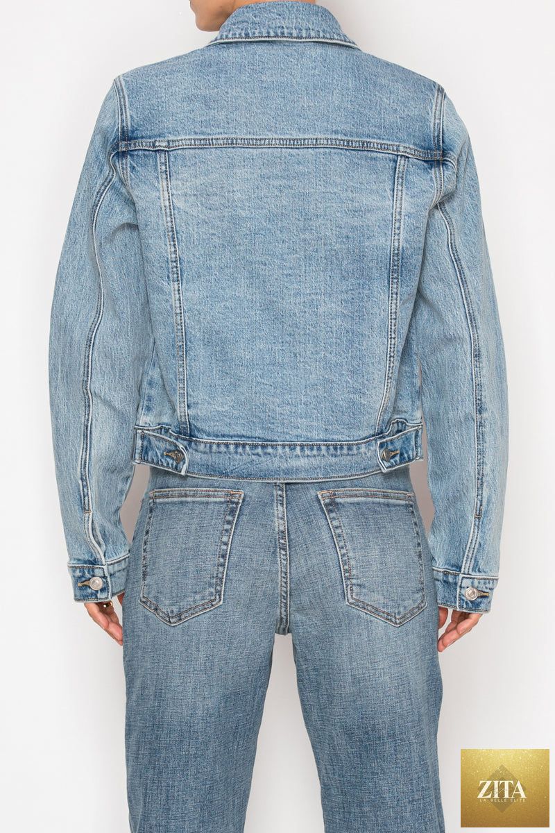 Artemis Vintage Michelle Classic Denim Jacket, front view showing blue denim fabric, button closure, and classic collar detail.