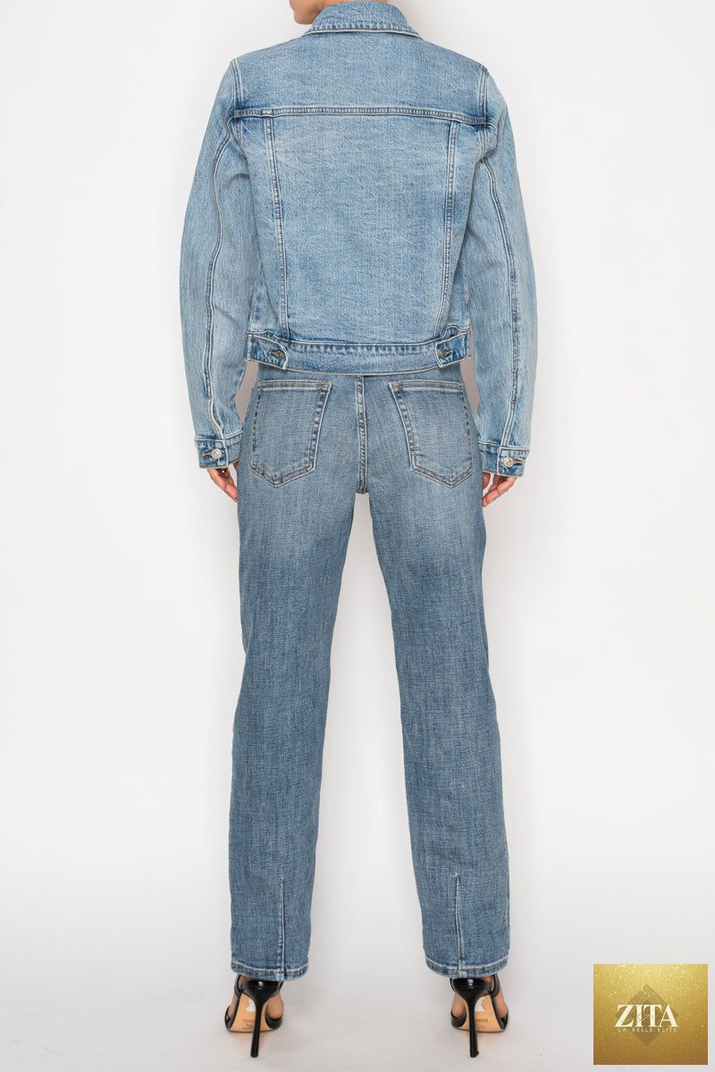 Artemis Vintage Michelle classic denim jacket with button-up front and traditional collar, shown in a casual fit.