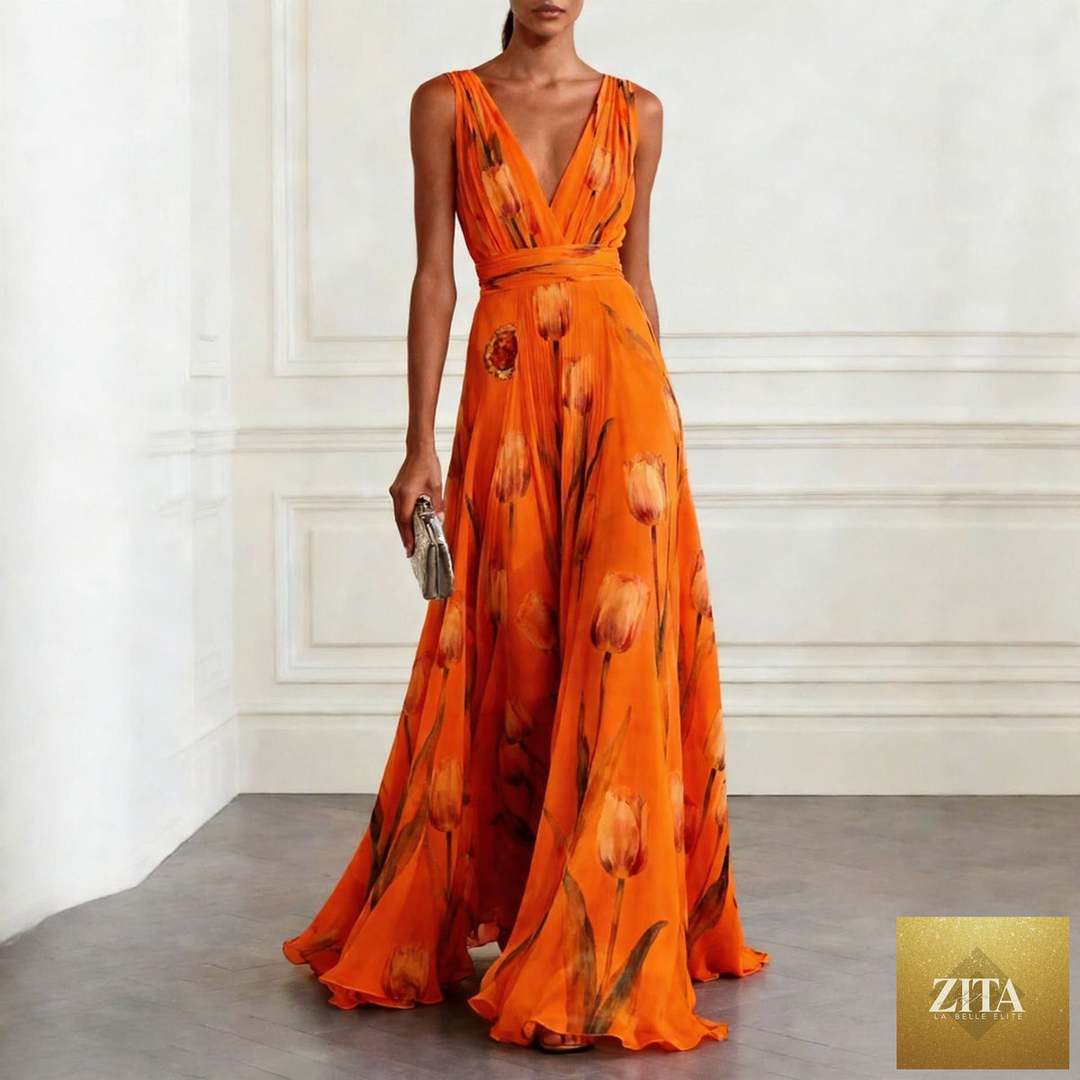Women's tulip print sleeveless V-neck A-line maxi dress by FitiqueFit in a colorful floral pattern, flowing and elegant.