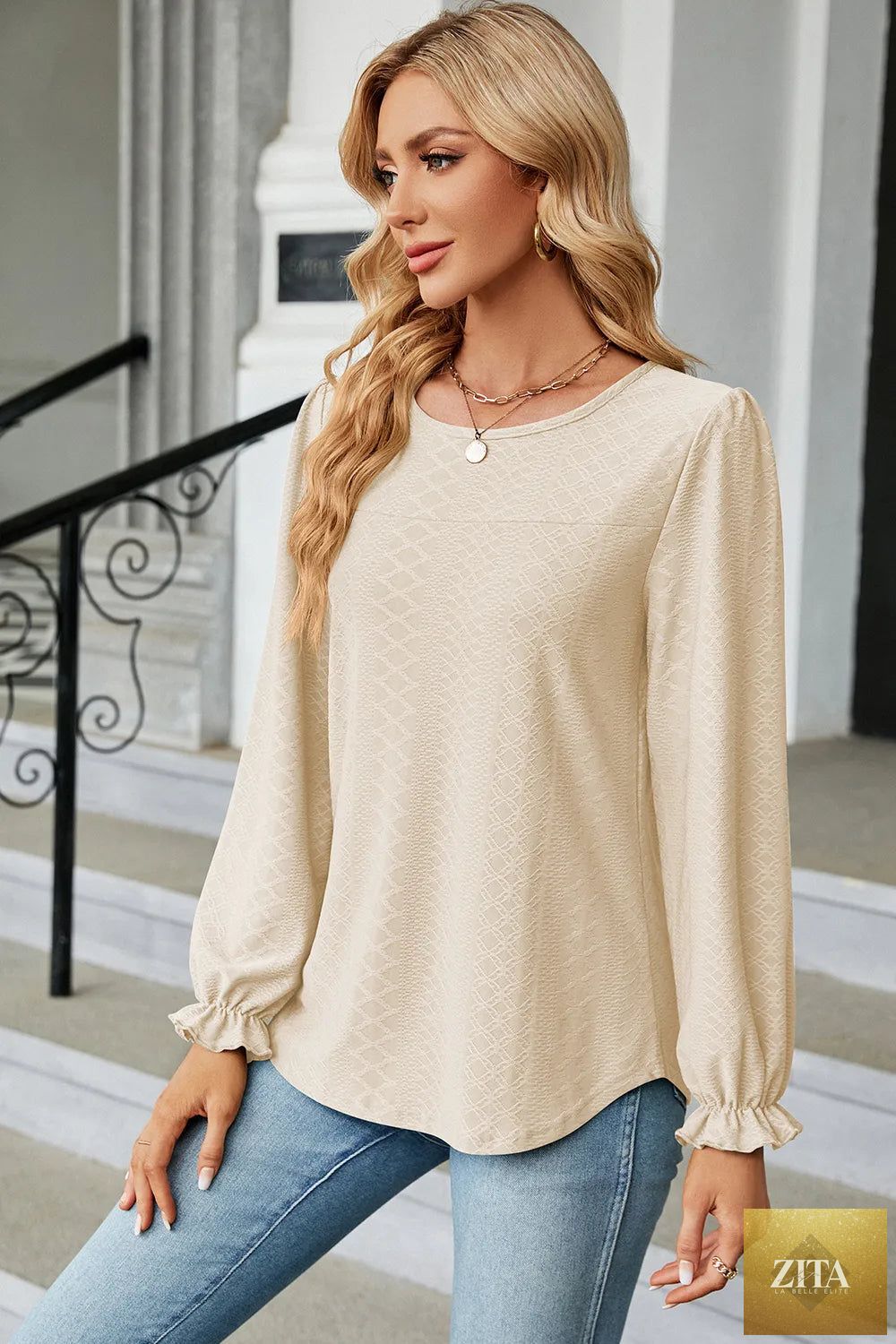 Zita La Belle Elite round neck casual T-shirt with flounce sleeves, showcasing a stylish and comfortable design.