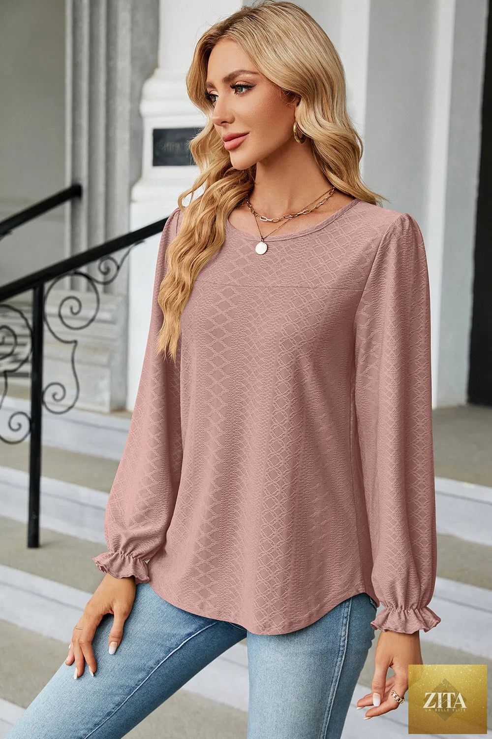 Zita La Belle Elite round neck casual T-shirt with flounce sleeves, featuring a relaxed fit and stylish design.