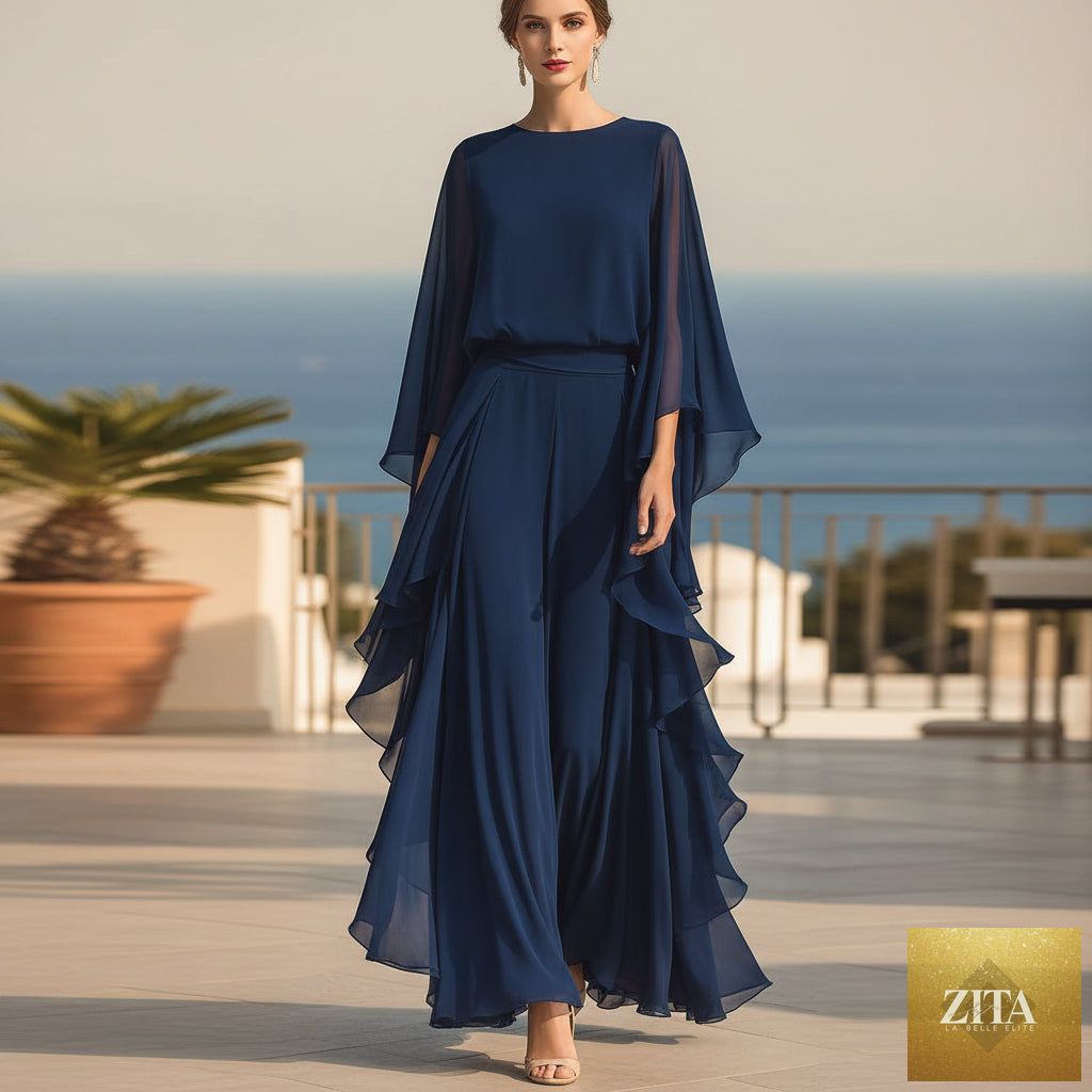 Deep Blue ruffle wide-leg pants set by FitiqueFit featuring a two-piece design with batwing sleeves for women.
