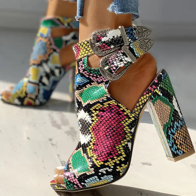 Large women's sandals with high thick heels, stylish women's shoes from Trendy Attic Store01, featuring a sleek open-toe design.