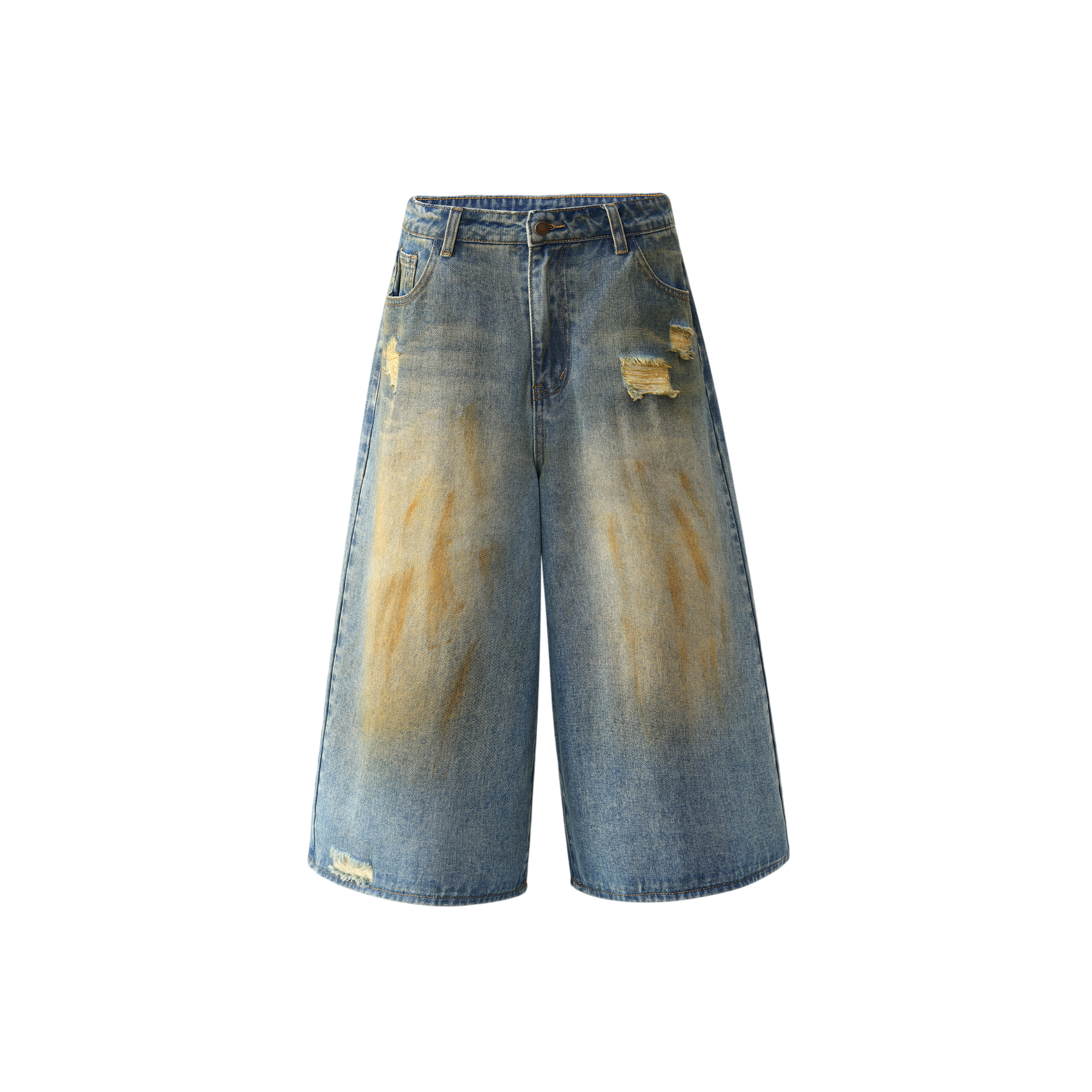 Blue dirt denim shorts from UNDEVELOPED, casual denim shorts with distressed detailing and a relaxed fit.