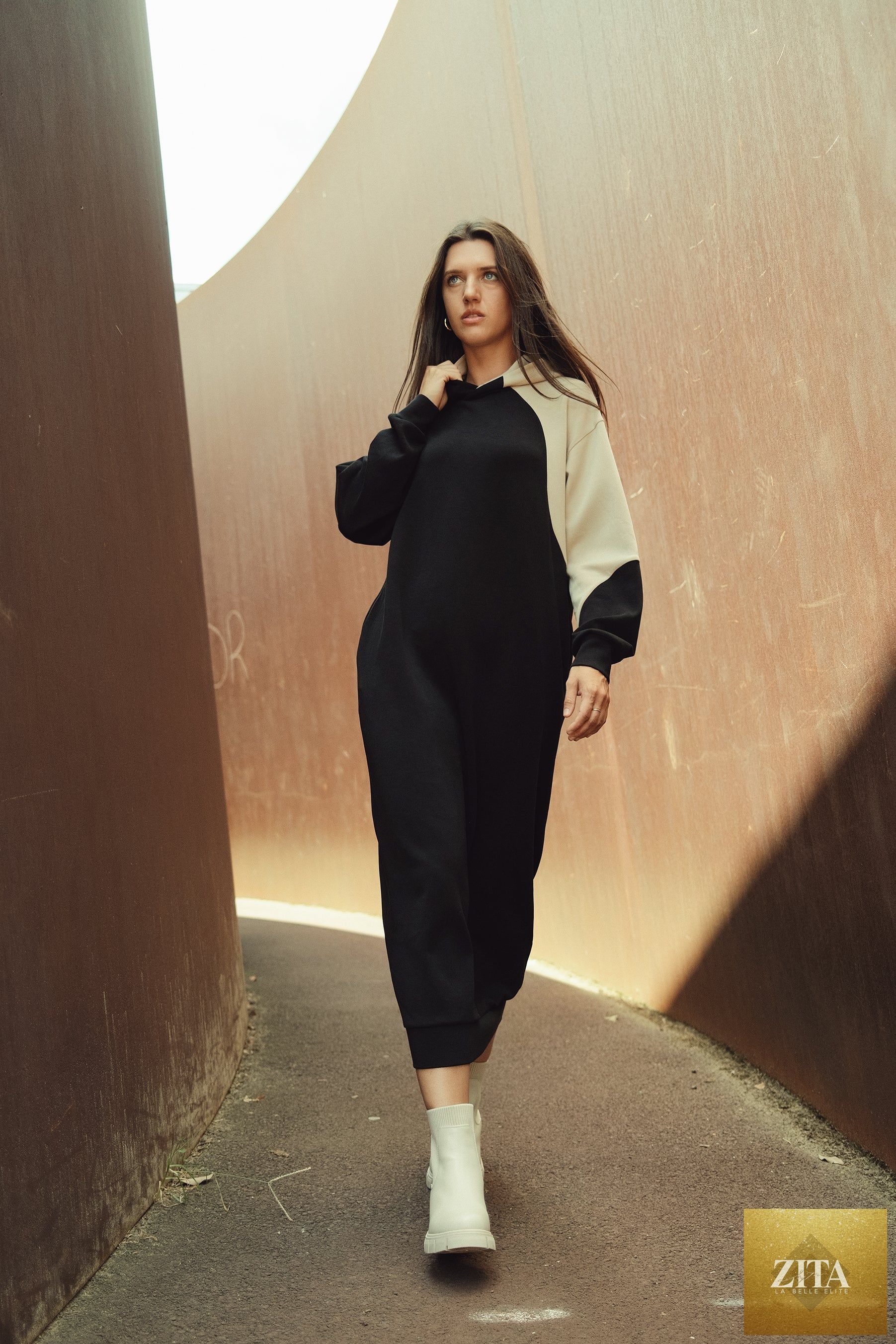 Profile NYC scuba hoodie dress as a stylish 2-piece cover-up swimsuit, featuring a hooded top and matching bottoms for beachwear.