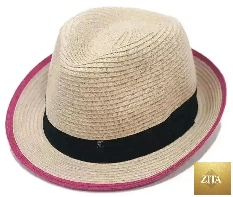 Pink Rim Toyo Straw Fedora Hat with 2-inch brim by Femstylo, featuring a stylish wide brim and classic fedora design.