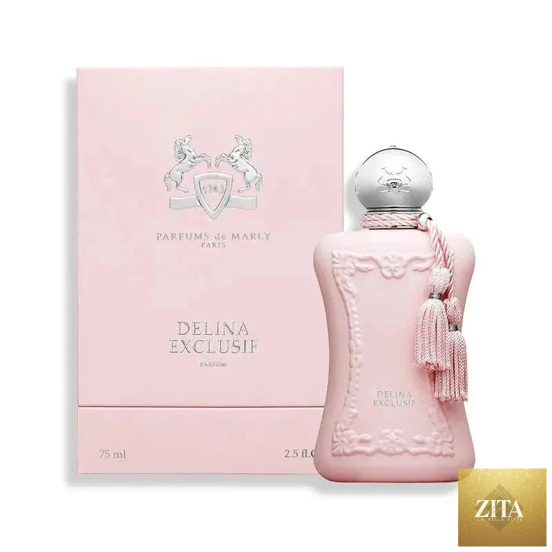 Delina Exclusif perfume by Parfums De Marly for women in 2.5 oz Eau De Parfum spray, elegant bottle with floral design.