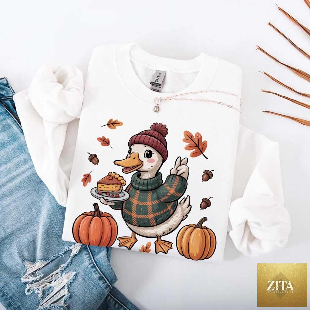 White duck fall sweatshirt by Adorb Custom Tees featuring autumn vibes, coffee, pumpkins, and a cozy crewneck design.