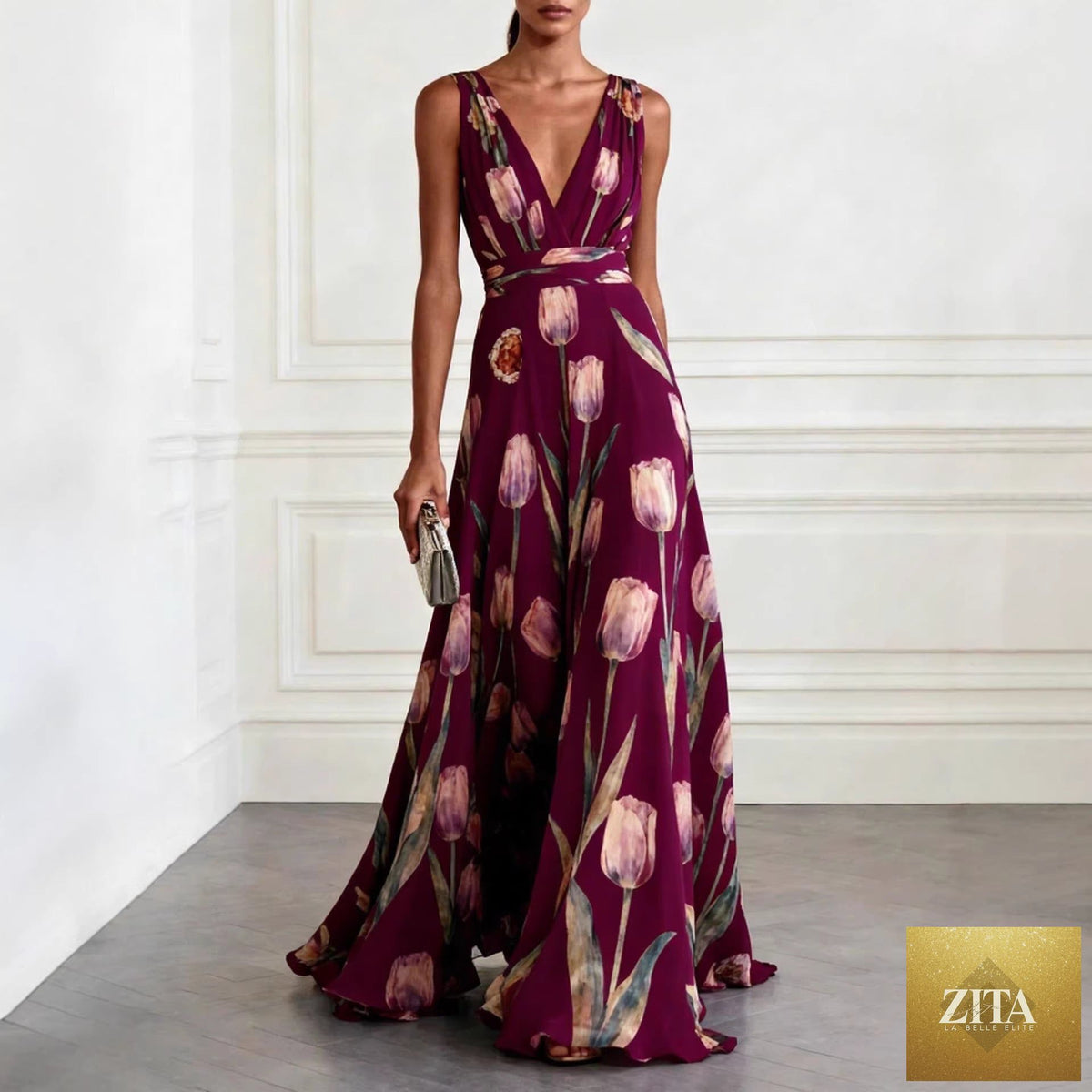 Floral tulip print sleeveless V-neck maxi dress by FitiqueFit featuring lightweight chiffon fabric and a flowing silhouette.