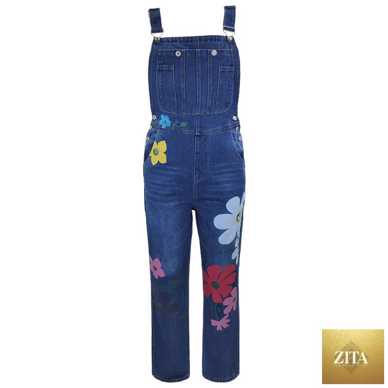 Women's printed ripped high-waist straight-leg denim pants by FitiqueFit, featuring a relaxed fit with distressed details.