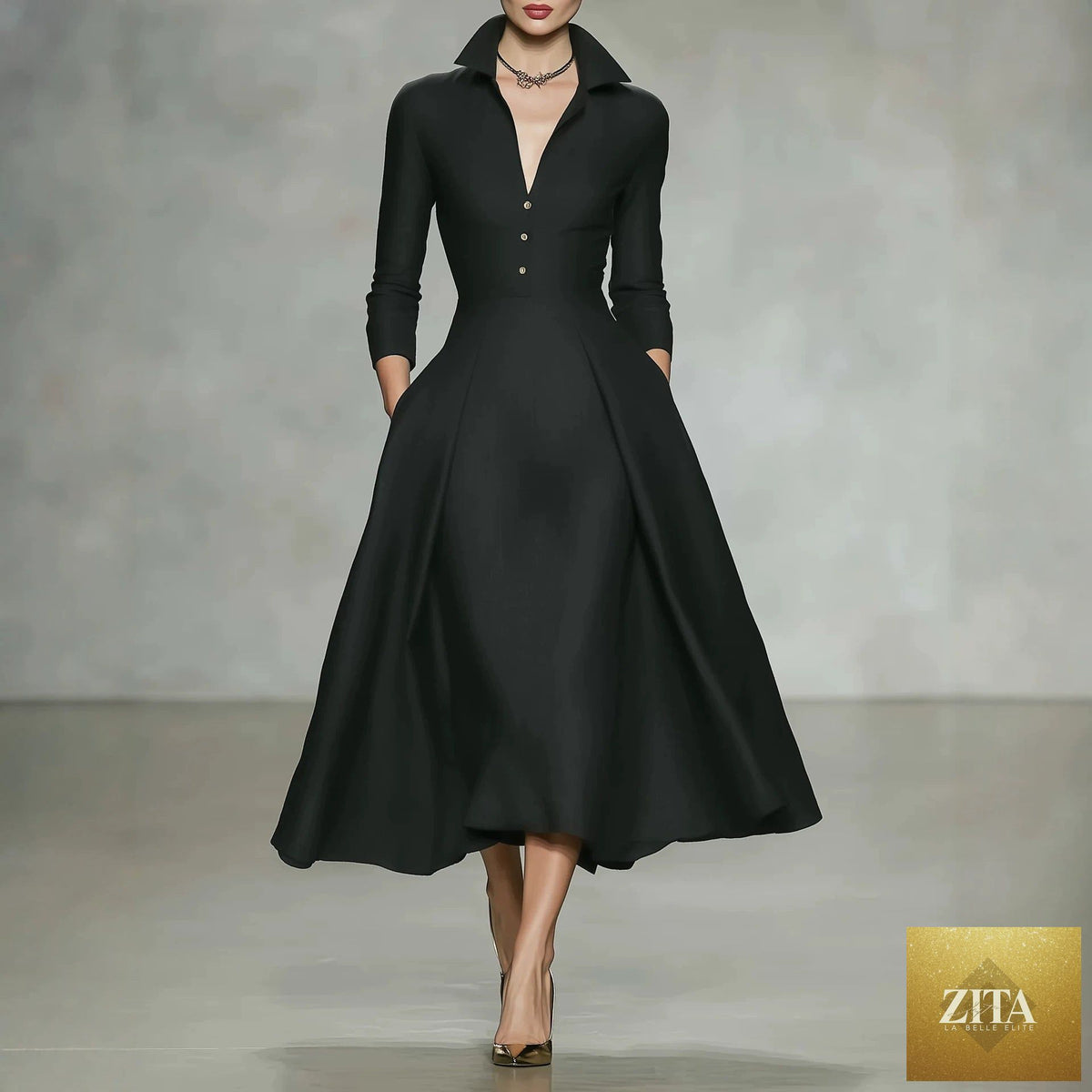 V-neck waist-cinching long sleeve midi dress by FitiqueFit, featuring a fitted silhouette and elegant design.