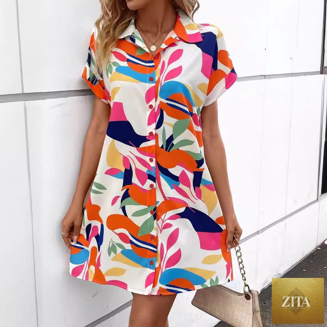 Women's colorful tropical print shirt dress by FitiqueFit, button front, short sleeves, collared A-line midi dress.