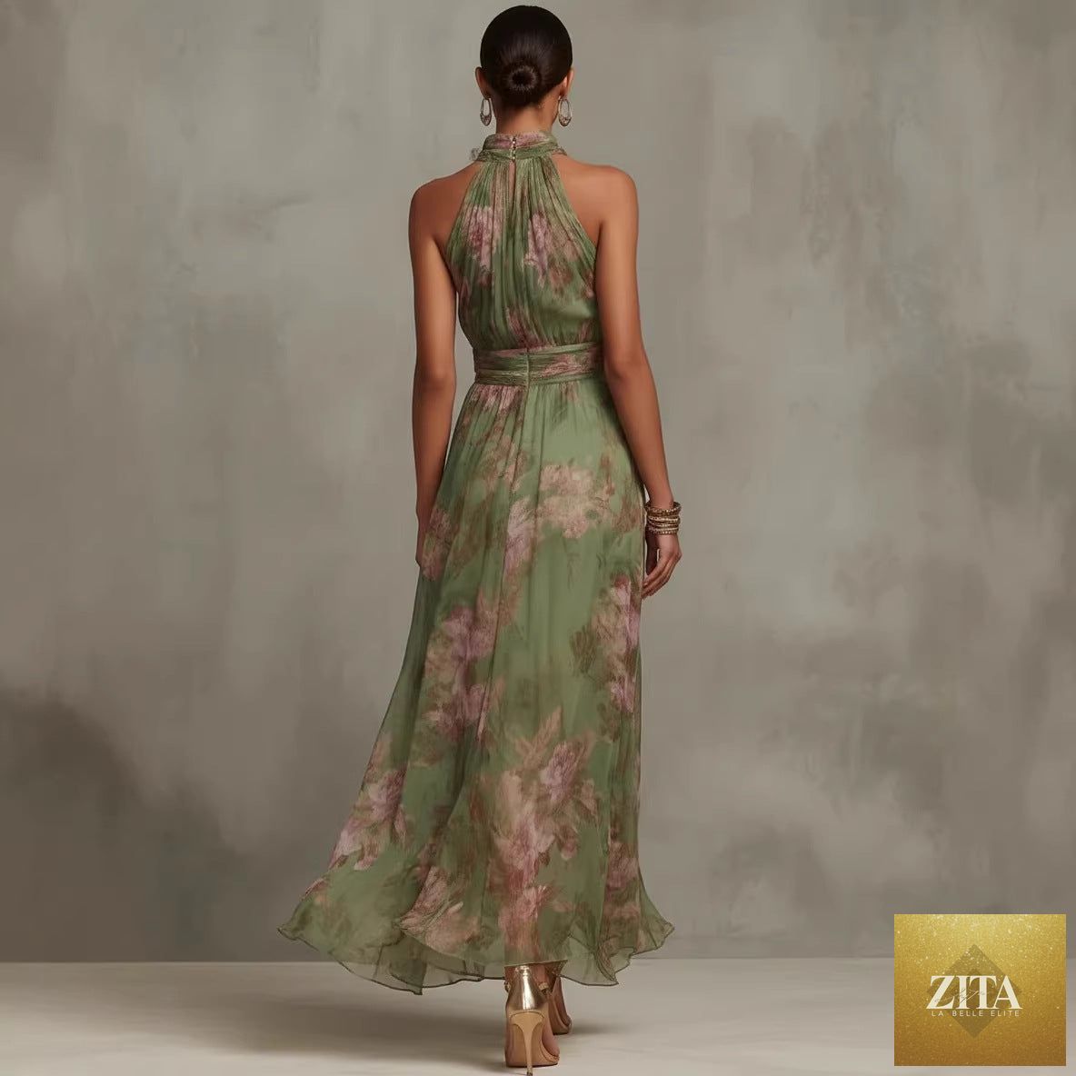 Green graffiti print mesh maxi dress by FitiqueFit with high waist, irregular slit, streetwear style, and suspender straps.