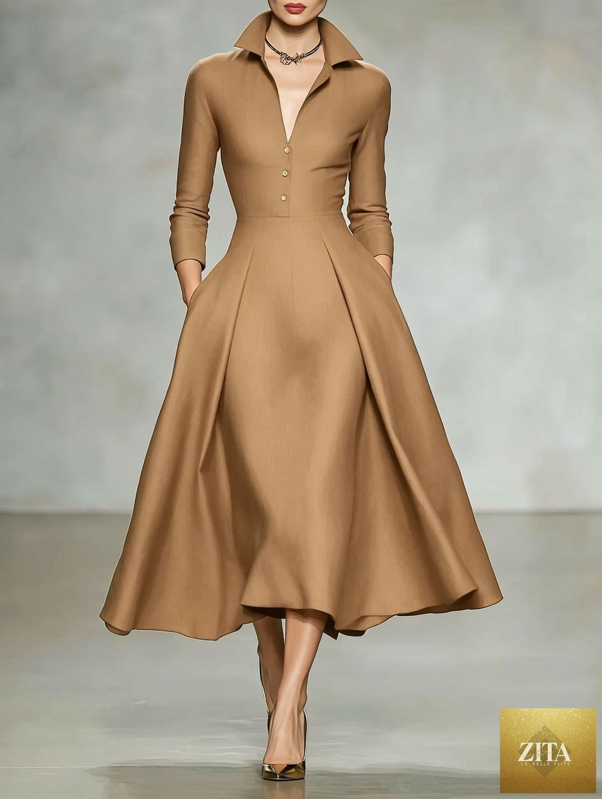 V-neck waist-cinching long sleeve midi dress by FitiqueFit, featuring a flattering silhouette and elegant design.
