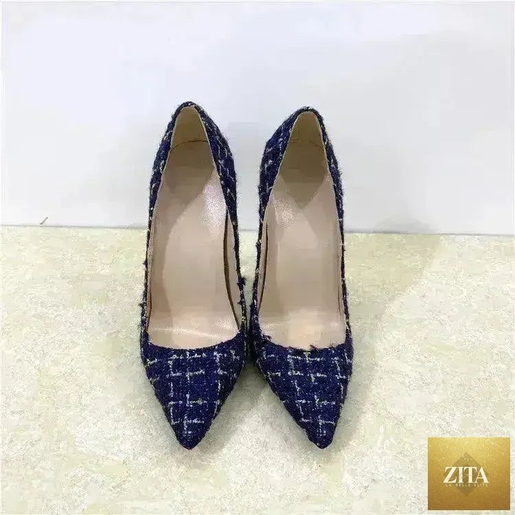 Femstylo woven high heels with 12cm pointed toe stiletto pumps, stylish all-match women's footwear.