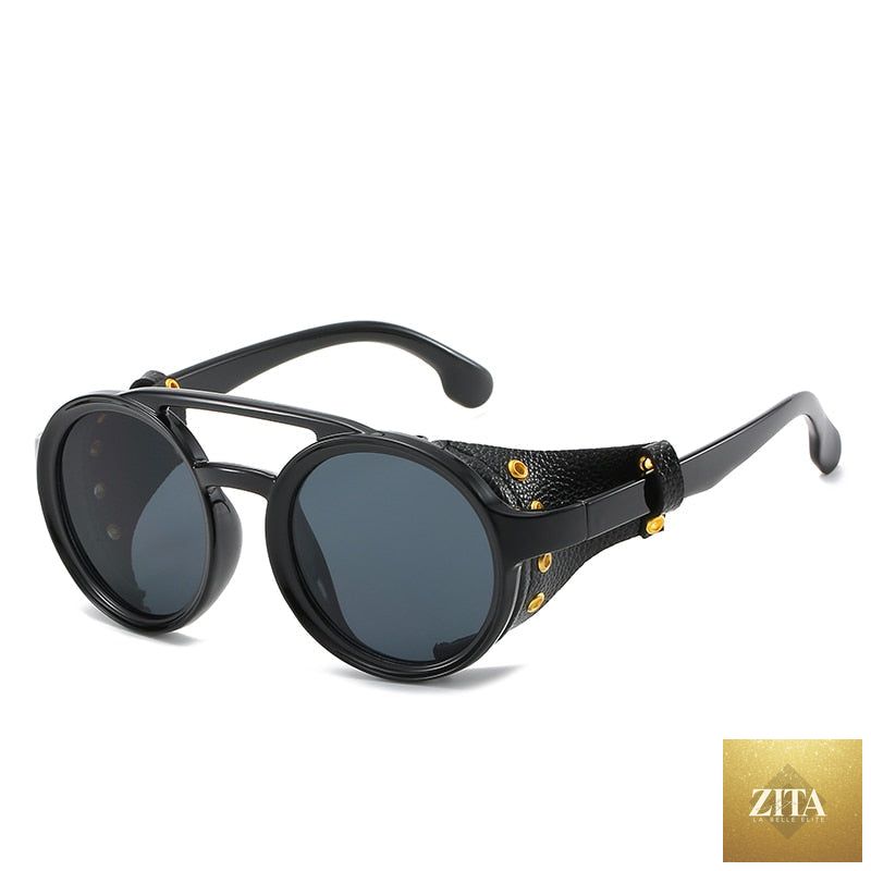 Round steampunk sunglasses by FitiqueFit featuring vintage-inspired design and metal frame, stylish eye wear accessory.