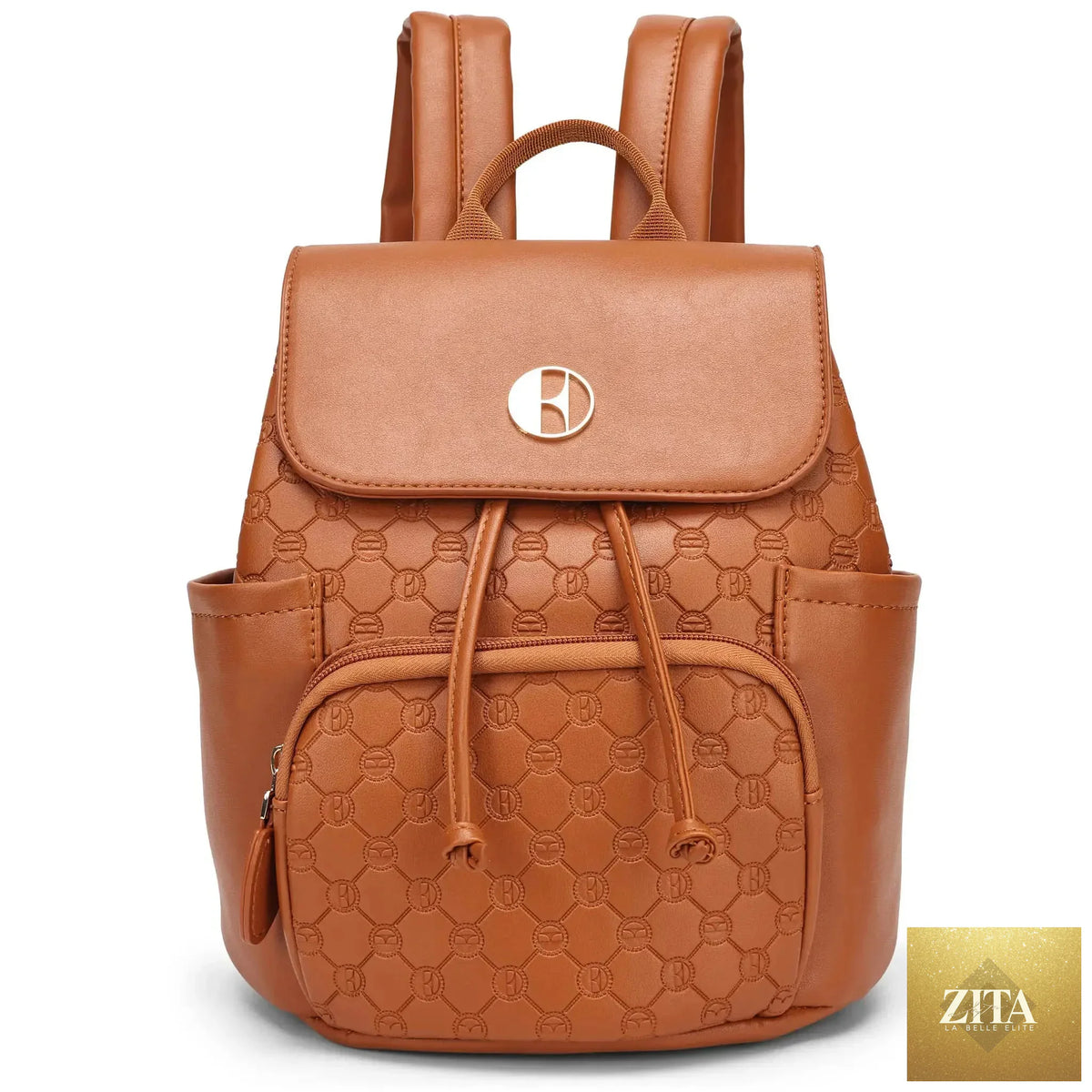 Travellty Compass 10L vegan leather monogram mini backpack in brown, front view showing straps and stylish design.