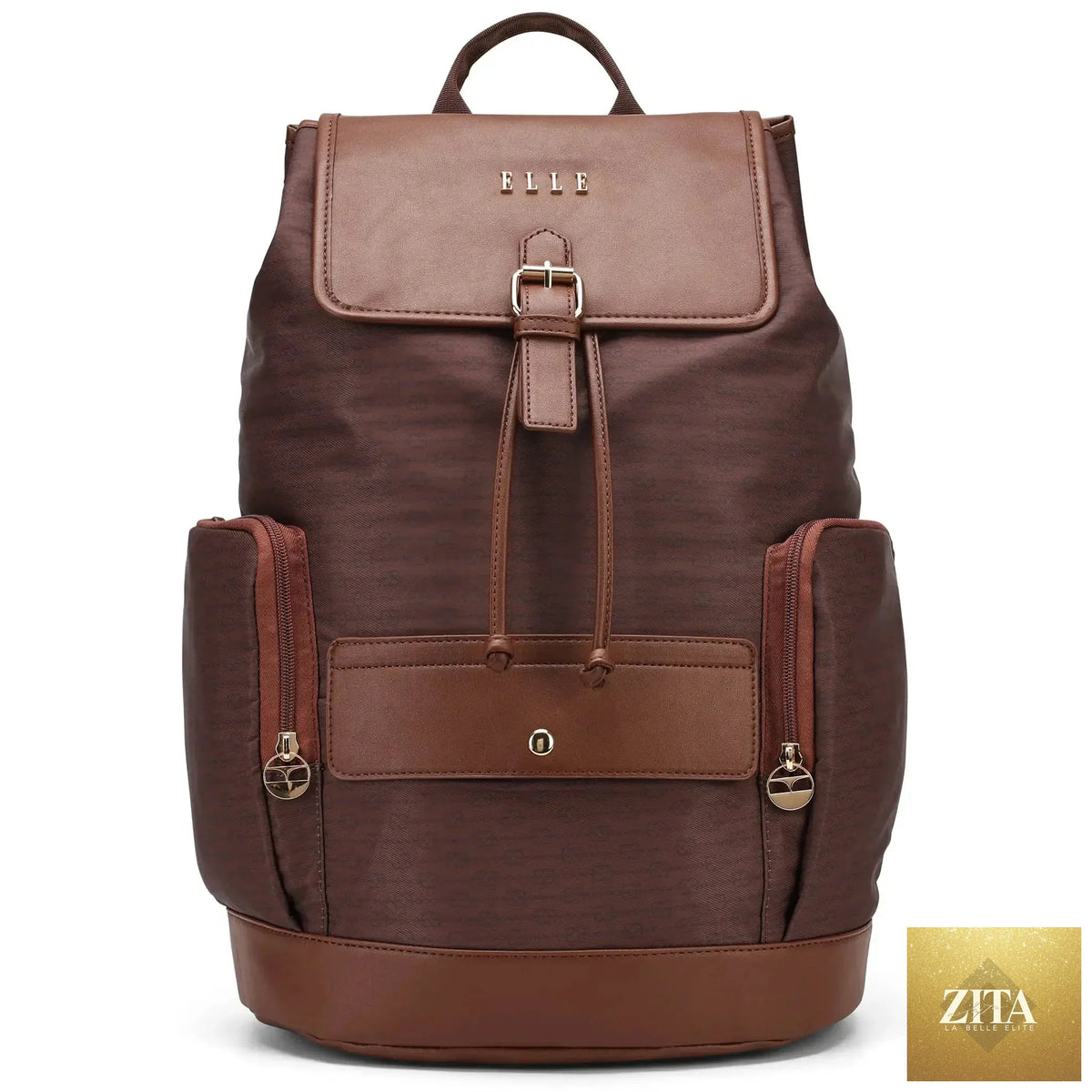 Travellty Eleganza 25L Monogram Backpack in brown, front view showing handles and stylish design.