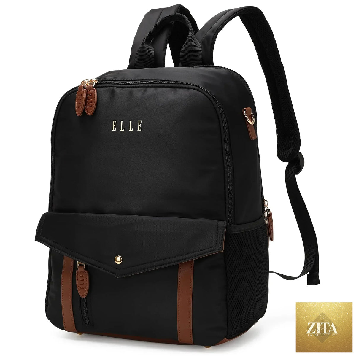 Black Luxe Journey 18L twill and vegan leather backpack by Travellty, shown from a main angle with straps up.