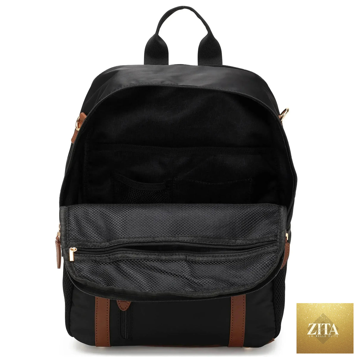 Black Luxe Journey 18L twill and vegan leather backpack by Travellty, showing spacious interior and stylish design.