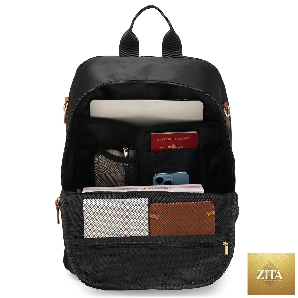 Black Luxe Journey 18L twill and vegan leather backpack by Travellty, showing interior with compartments and stylish design.