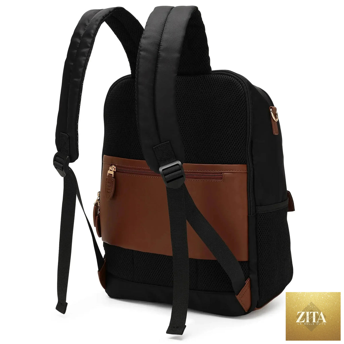 Black Luxe Journey 18L twill and vegan leather backpack by Travellty, featuring a sleek design with multiple compartments.
