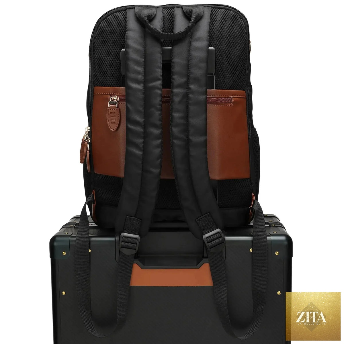 Black Luxe Journey 18L twill and vegan leather backpack by Travellty with trolley passthrough sleeve and multiple compartments.