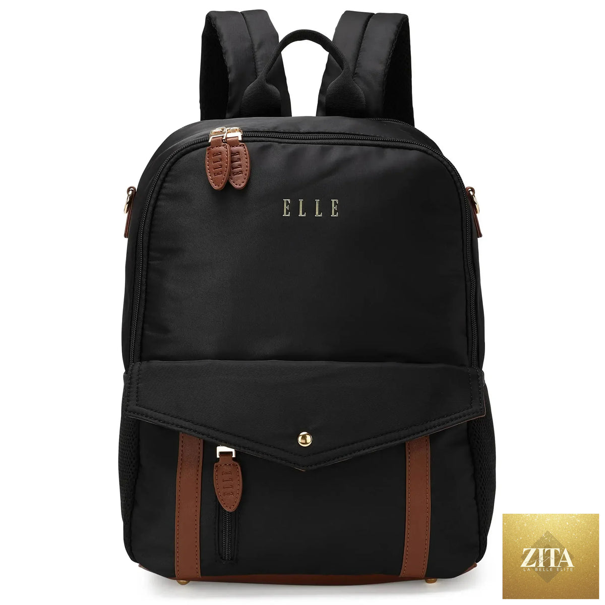 Travellty Luxe Journey 18L black twill and vegan leather backpack with front straps, designed for stylish everyday use.