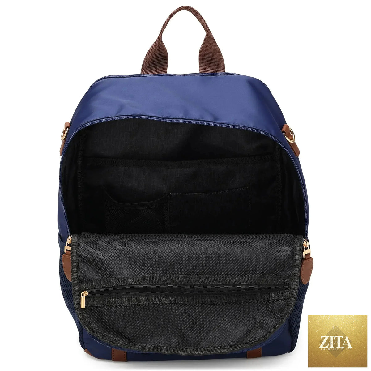 Navy Luxe Journey 18L twill and vegan leather backpack by Travellty, showing interior with spacious compartments and sleek design.