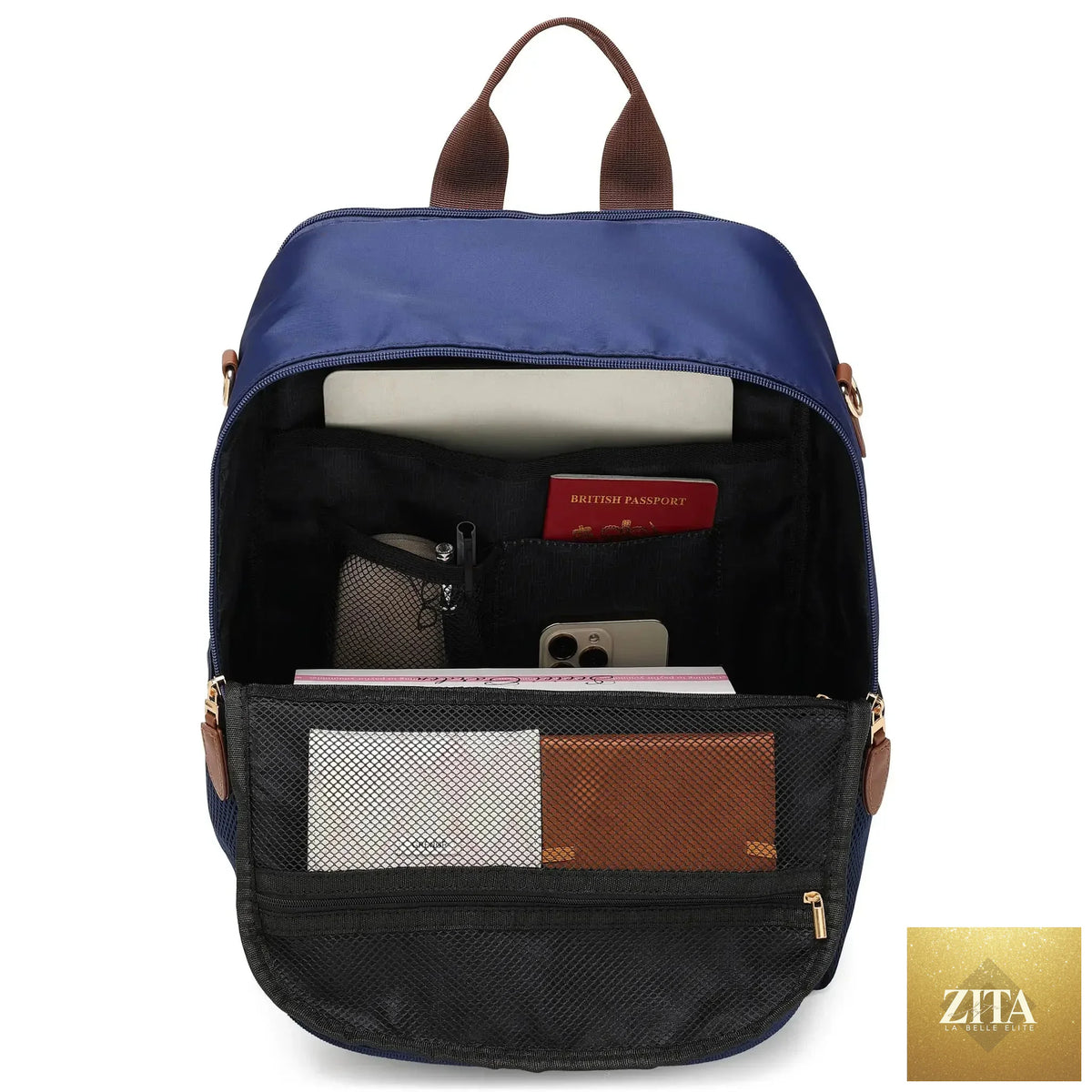 Navy Luxe Journey 18L twill and vegan leather backpack by Travellty, showing interior with compartments and stylish design.