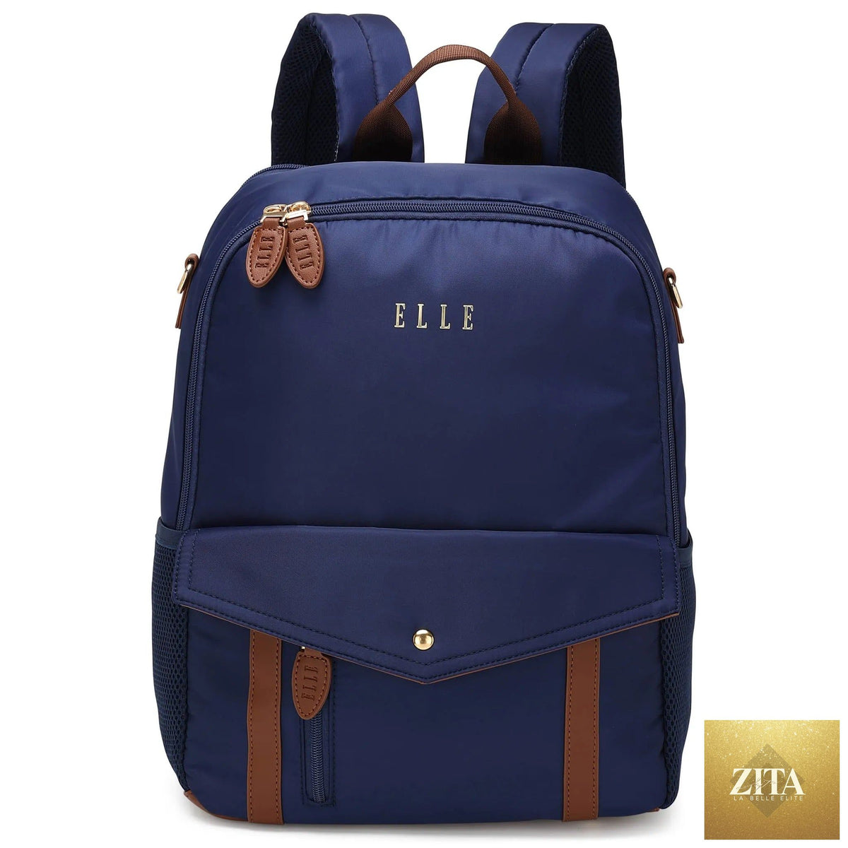 Navy Luxe Journey 18L twill and vegan leather backpack by Travellty, showing front view with straps and stylish design.