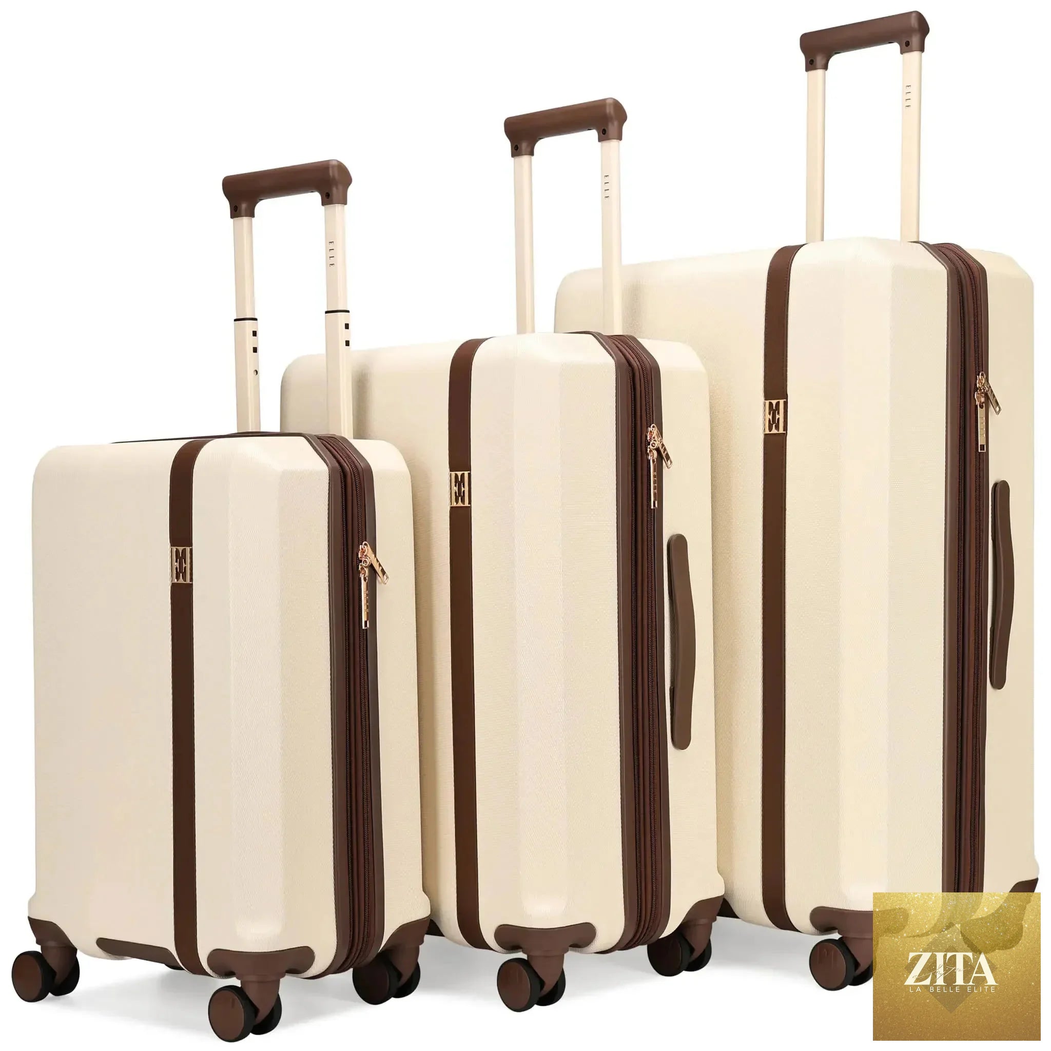 Travellty Luxe Journey 3-piece expandable retro luggage set with champagne-colored spinners and vintage design, main angle view.