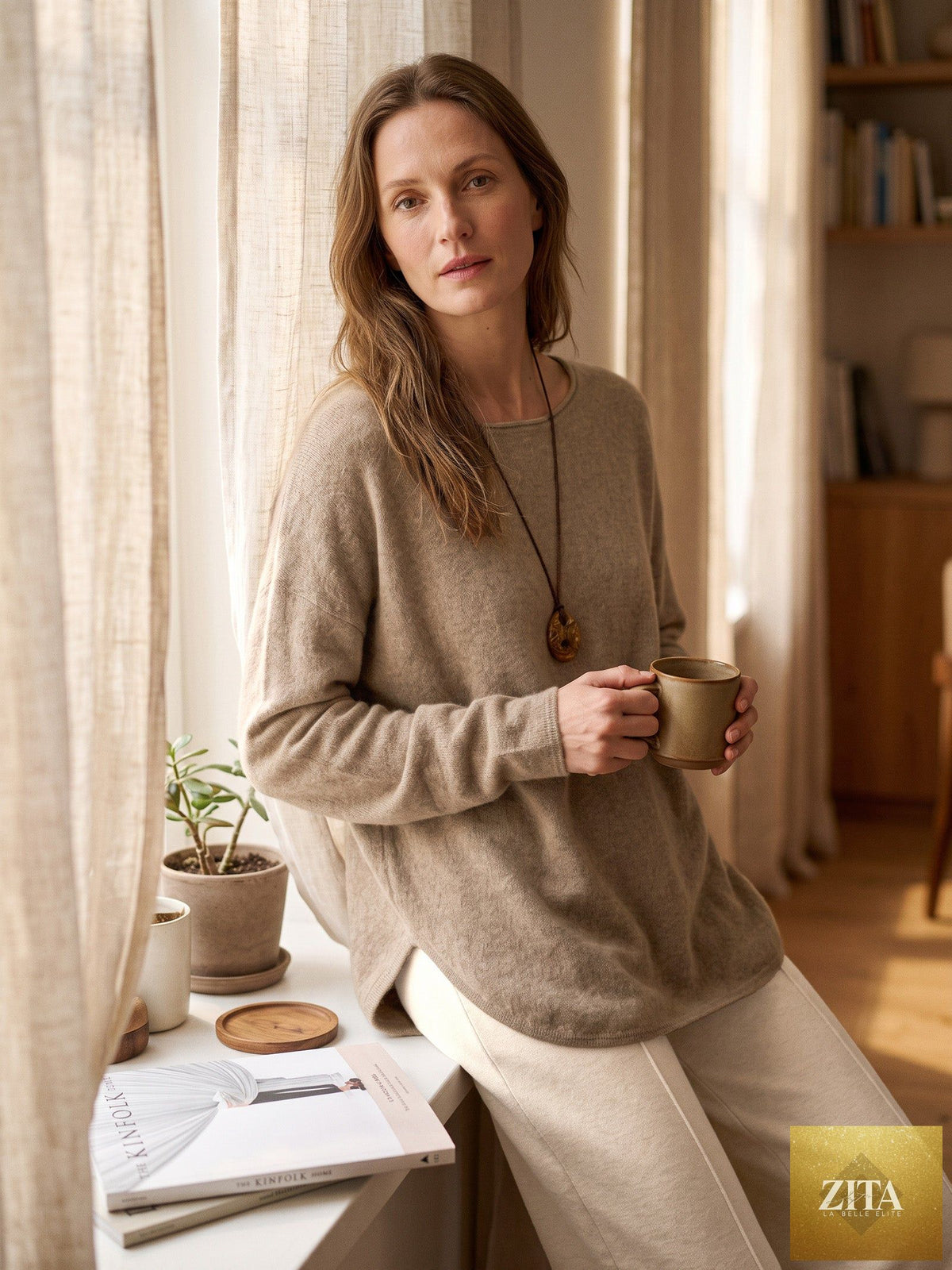 100% Mongolian Cashmere Hand-Finished Rolled Edge Knit Top AMARA