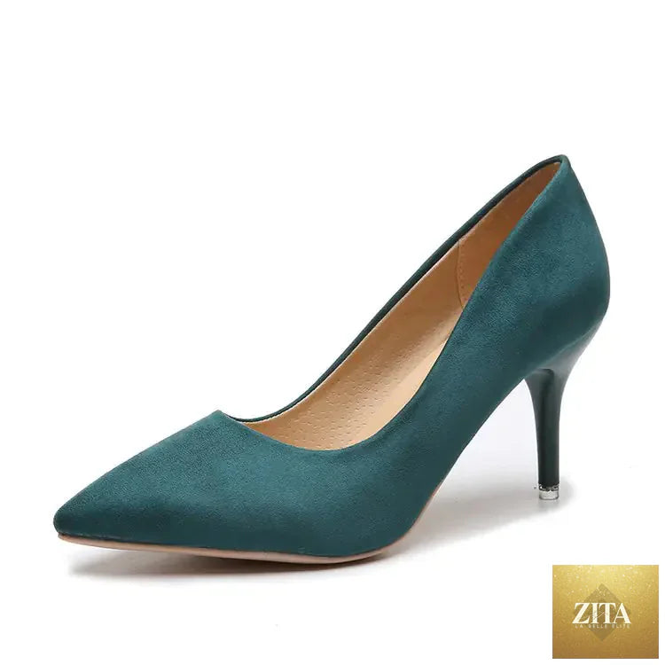 Women's suede high heel pointed shoes in black, stylish and elegant footwear from Trendy Attic Store01.