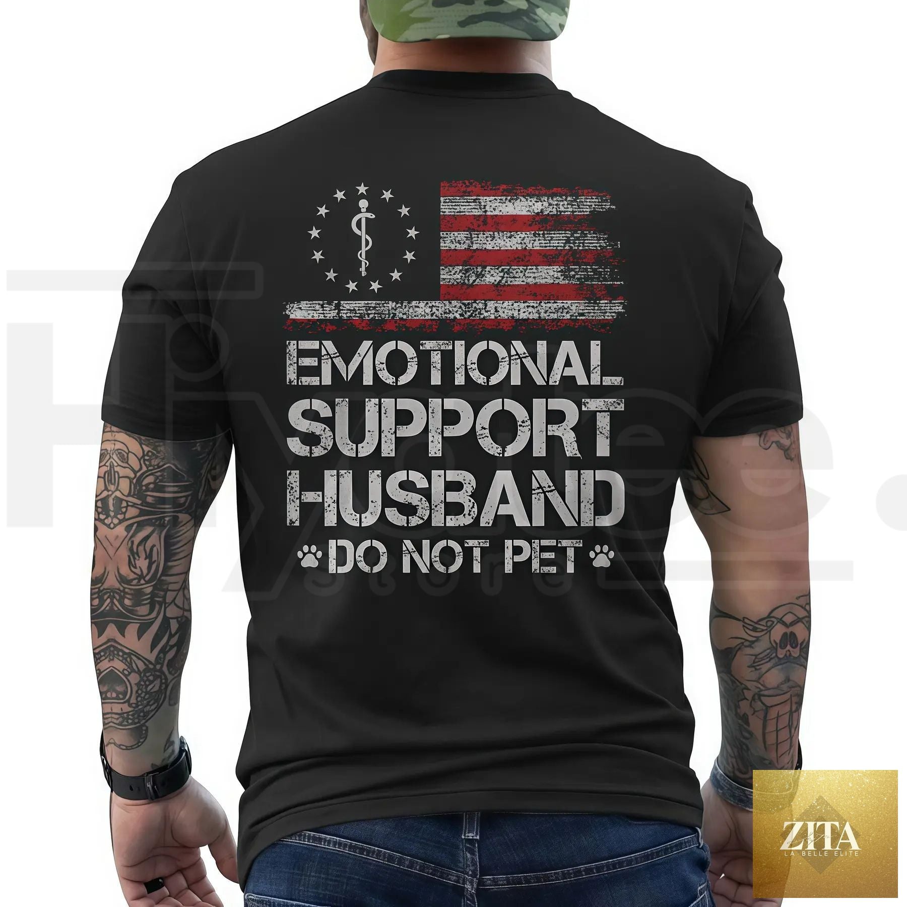 Hiyatee emotional support husband USA flag motif graphic apparel featuring a bold patriotic design on a casual shirt.