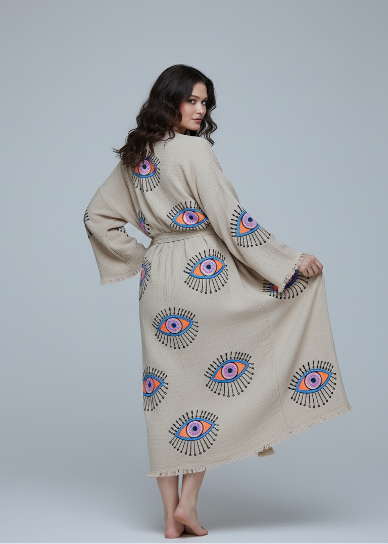 Buldano evil eye hand-printed kimono in beige color, featuring traditional evil eye design and lightweight fabric.