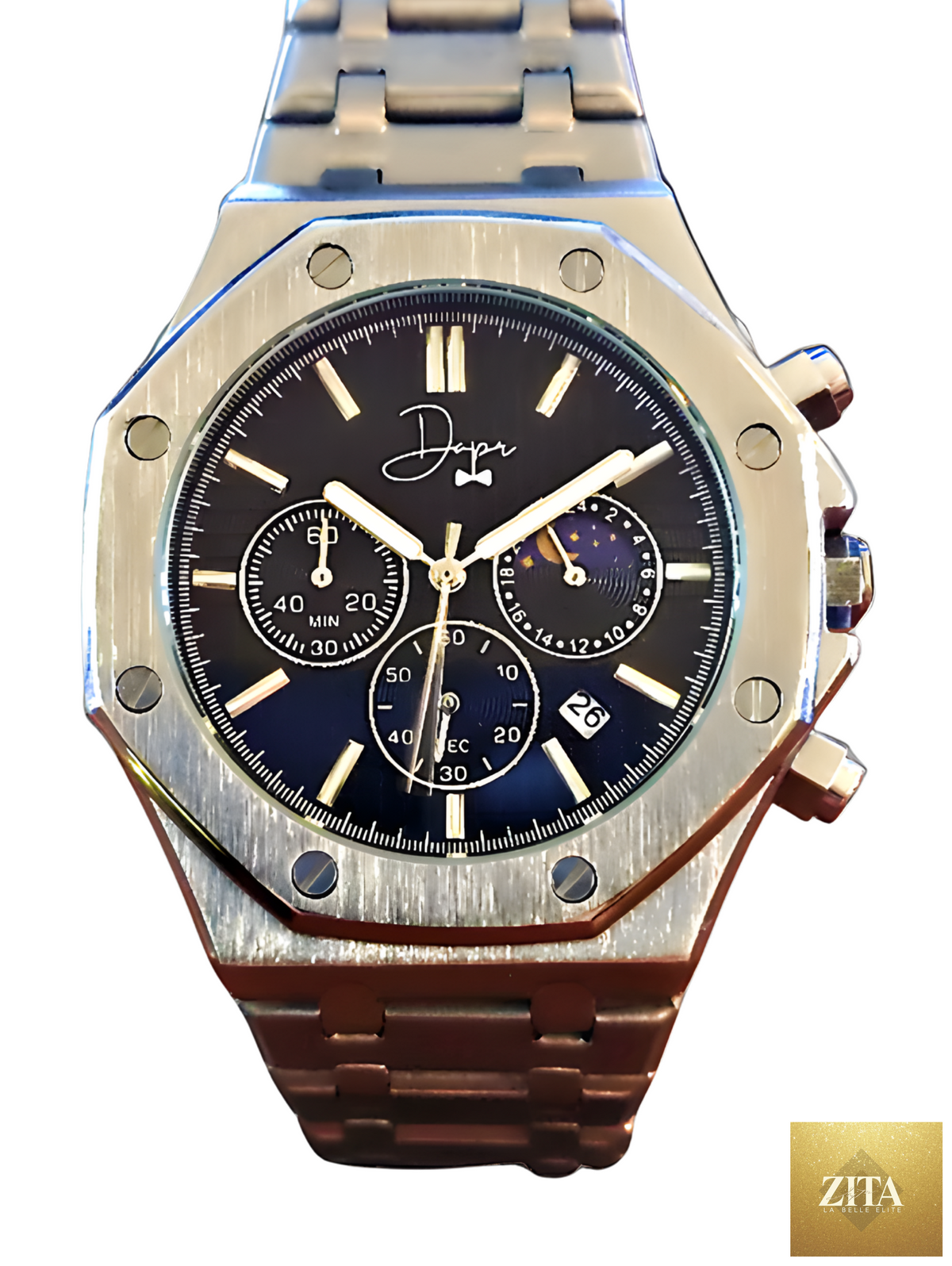 Dapper Watches Stainless Steel Chronograph Watch with black dial and silver stainless steel band, showing multiple sub-dials and chronograph features.