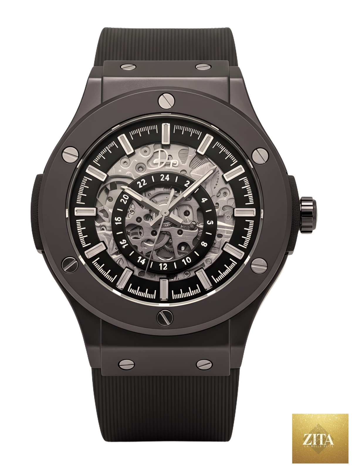 Stainless steel skeleton watch for men by Dapper Watches, featuring gunmetal finish and intricate dial design.