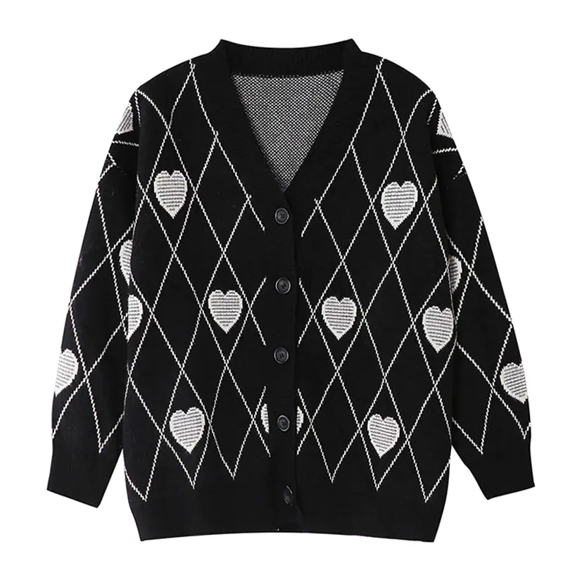 Heart jacquard loose sweater for women featuring a cozy, stylish knit design in a relaxed fit from Trendy Attic Store01.
